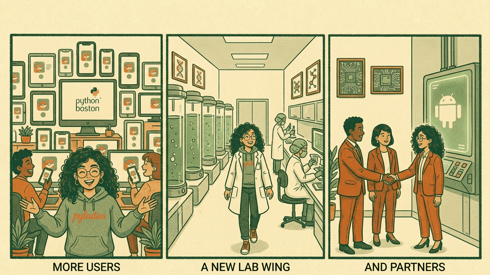 3-panel comic: the app spreads to more users, a new wet-lab wing of bioreactors opens, partners sign on beside an Android control panel