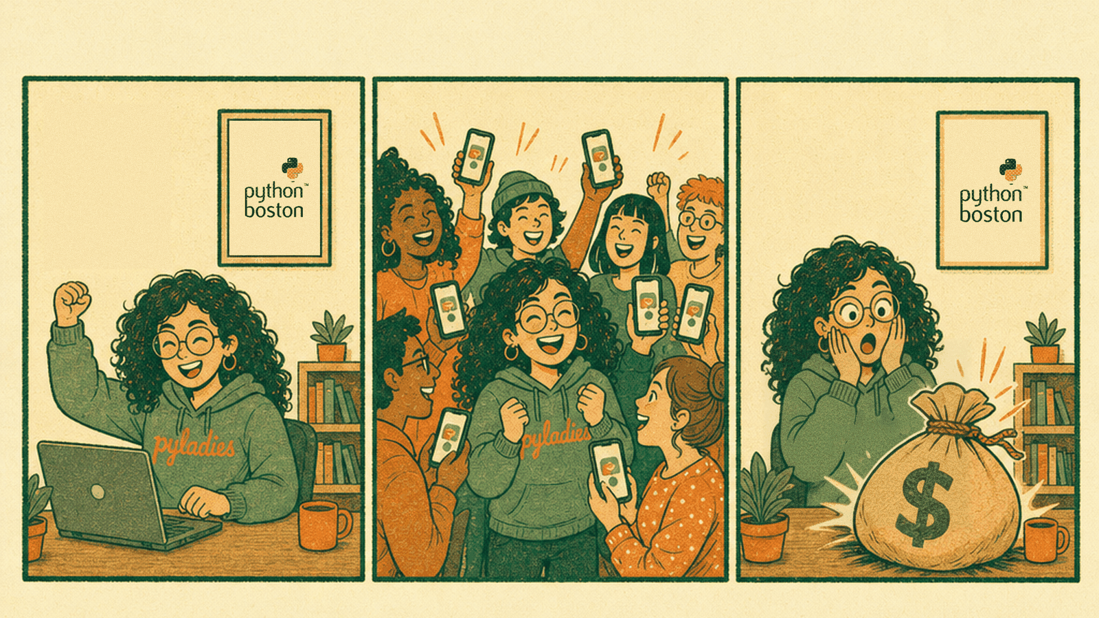 3-panel comic: Zelda ships the app under PyLadies and Boston Python posters, a crowd cheers using it, a bag of money arrives