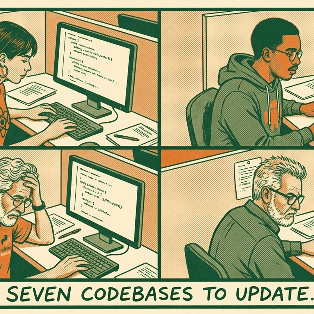 each developer alone in a cubicle making the same edit