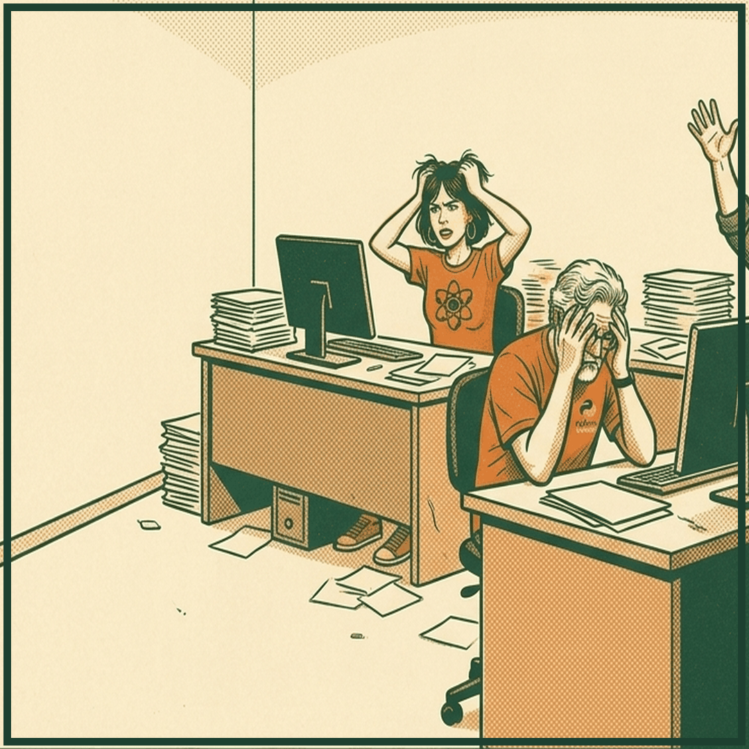 the team at their desks in despair, nobody owns the model