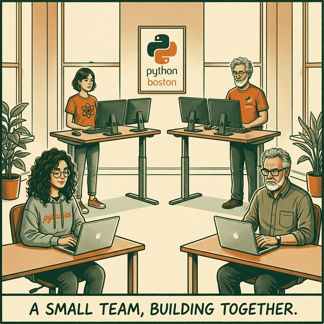 Zelda, Amy, Ned and James at their own desks in a roomy office: "A small team, building together"