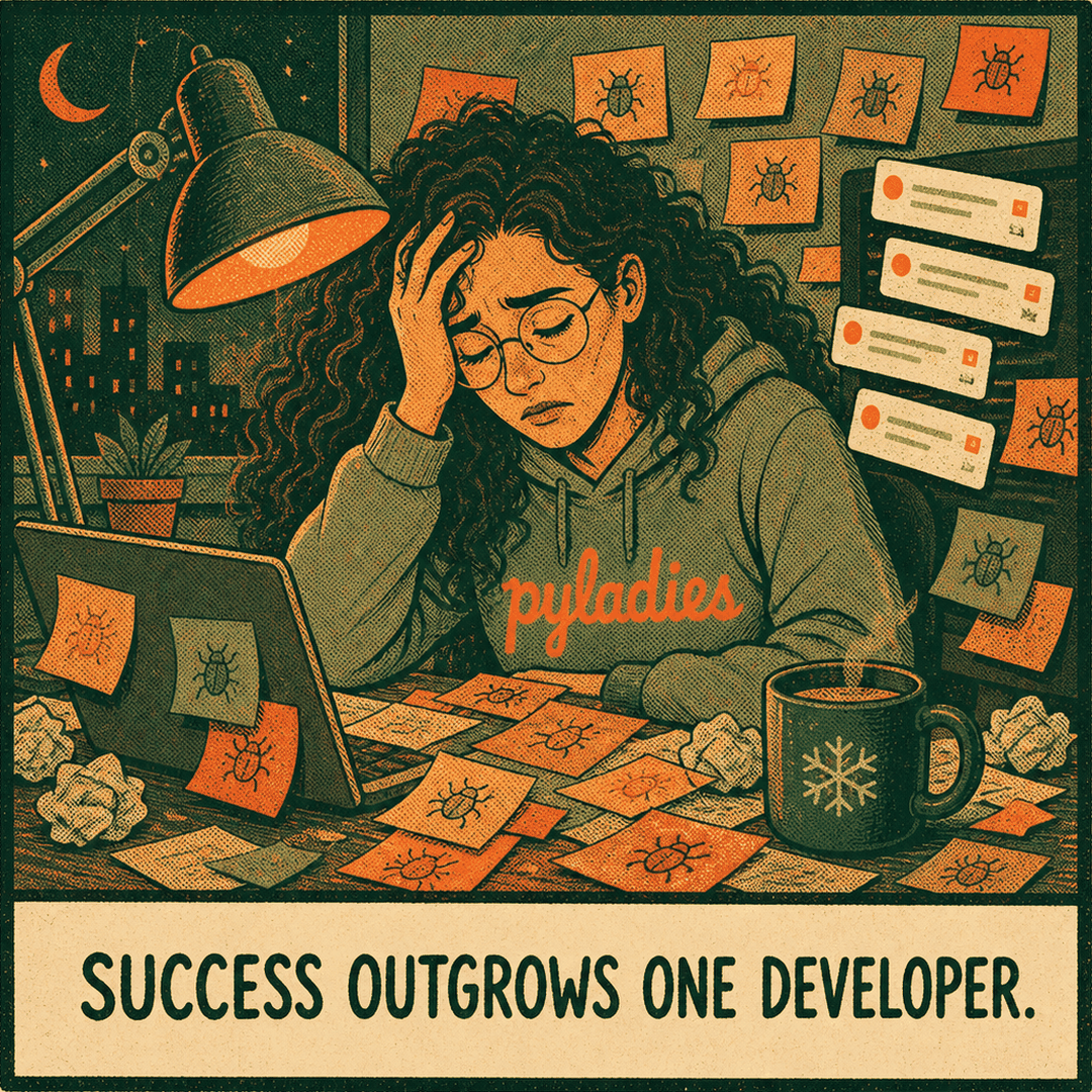 Zelda swamped and exhausted, alone at her laptop: "Success outgrows one developer"